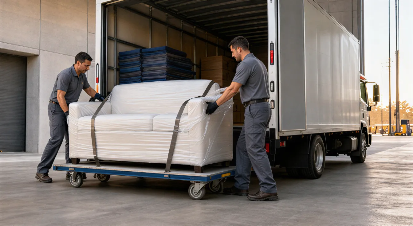 Zwei Umzugshelfer laden ein sorgfältig verpacktes Sofa auf einen Rollwagen in einer sauberen Lagerhalle.