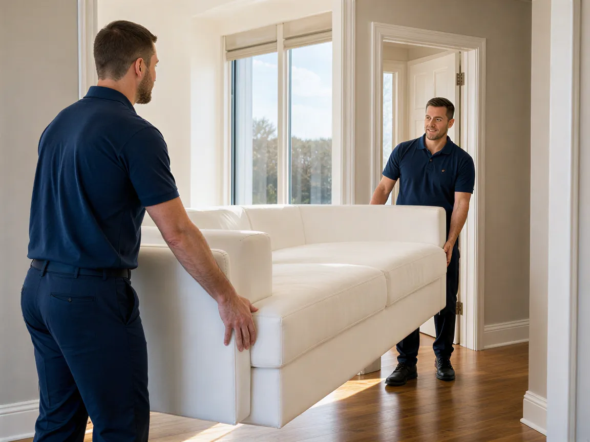Zwei Umzugshelfer tragen ein weißes Sofa durch die Tür einer modernen Wohnung.