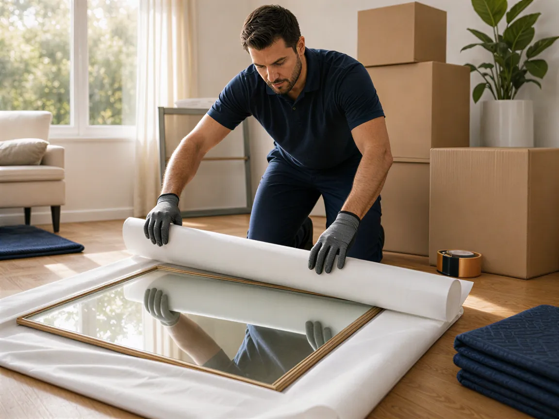 Ein professioneller Umzugsmitarbeiter verpackt sorgfältig einen großen Spiegel in einem modernen Wohnzimmer.