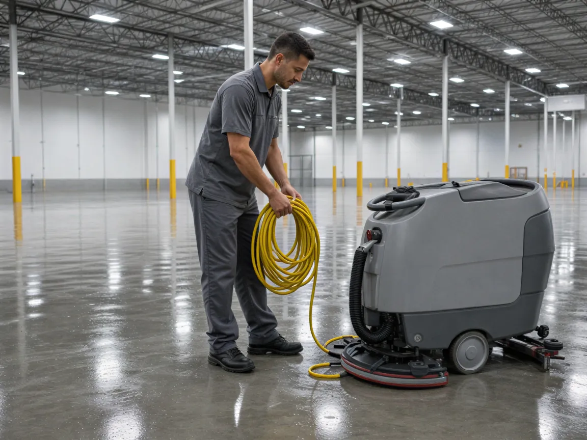 Ein Arbeiter in grauer Uniform wickelt einen gelben Industrieschlauch neben einer sauberen Bodenreinigungsmaschine auf.