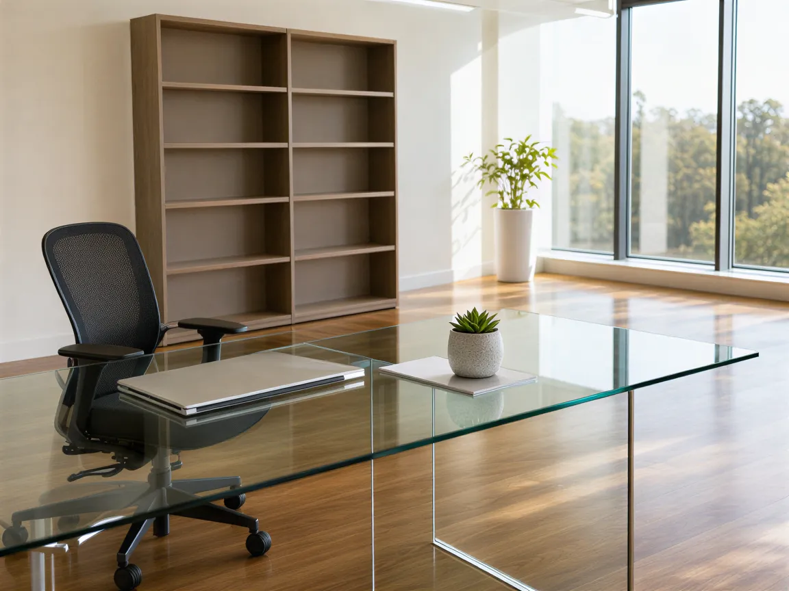Ein aufgeräumtes Büro mit einem ergonomischen Stuhl, Glas-Schreibtisch und leeren Regalen nach einem Umzug.