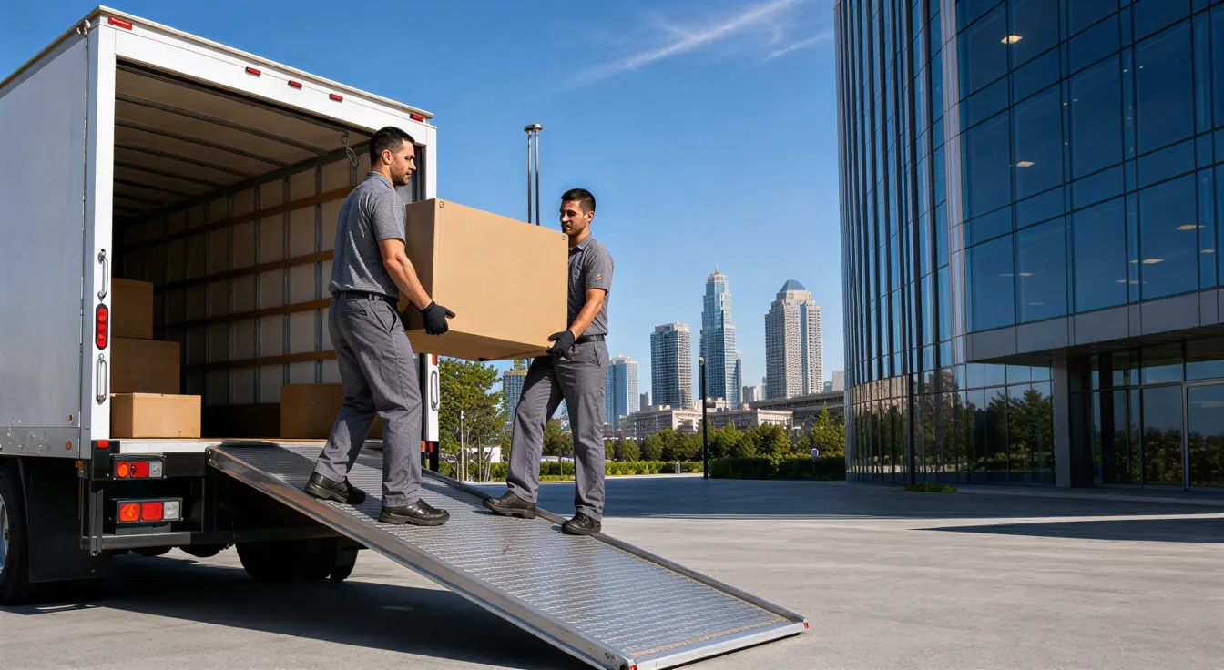 Zwei Umzugshelfer tragen eine große Kiste von einem weißen LKW vor einem modernen Glasgebäude.
