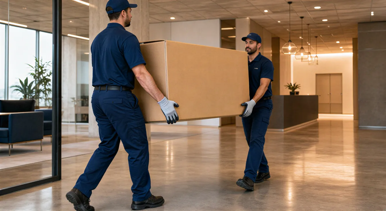 Zwei Arbeiter tragen einen großen Karton in ein modernes Büro mit polierten Betonböden.