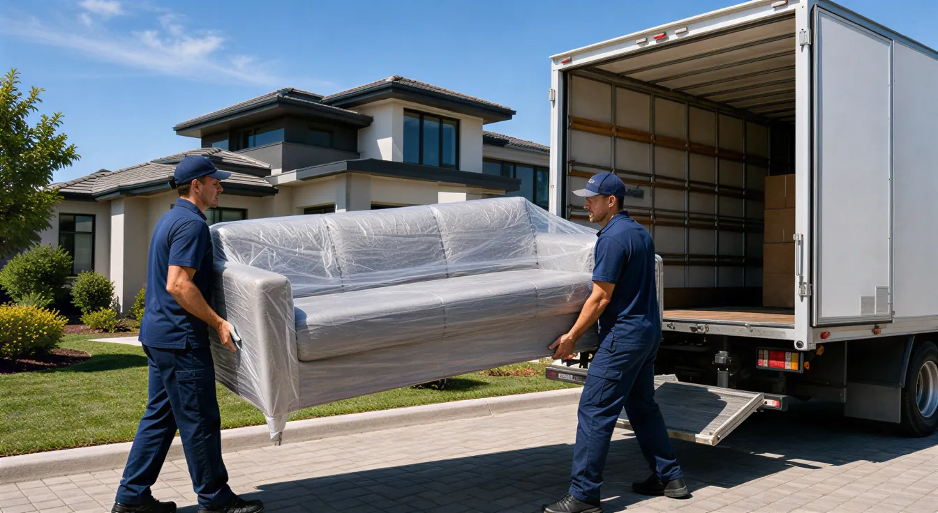 Zwei Umzugshelfer in blauen Uniformen tragen ein eingepacktes Sofa zum weißen Umzugswagen vor einem modernen Haus.